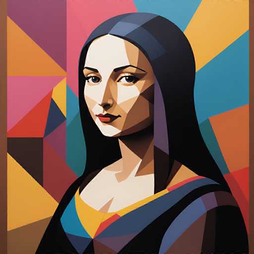 The image depicts an illustration of a woman with long hair and dark skin tones rendered in a geometric style. The woman is wearing a blue dress that contrasts with the vibrant colors surrounding her. The background features a colorful abstract pattern composed of triangles and rectangles in various shades of pink, yellow, green, and purple.