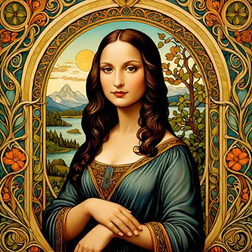 The image depicts a woman with long brown hair wearing a blue dress and holding her hands together in front of an ornate archway that features intricate designs and patterns. The background is filled with trees and mountains, creating a serene and natural setting.