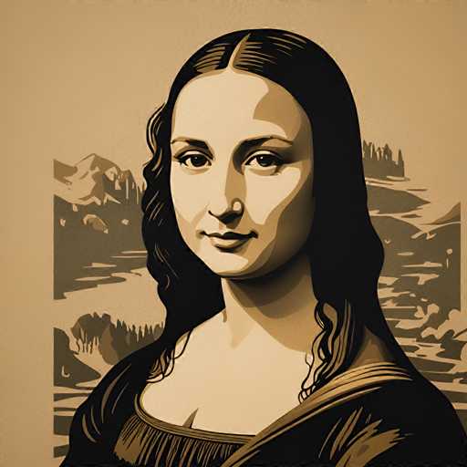 The image is an illustration of a woman's face rendered in black and white. The woman has long hair that cascades down her shoulders, adding a sense of movement to the composition. She is looking directly at the camera with a serious expression on her face. The background features mountains and trees, providing a natural setting for the portrait.