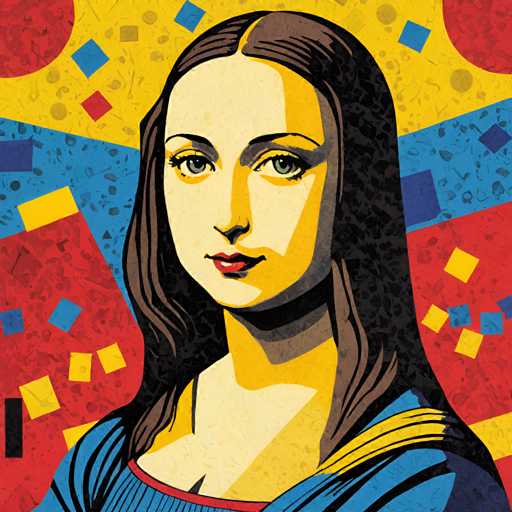 The image depicts a portrait of a woman with long brown hair and a blue dress against an abstract background featuring red, yellow, and blue shapes. The style is reminiscent of the Pop Art movement, characterized by bold colors and geometric shapes.