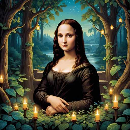 The image depicts a woman with long brown hair and dark clothing standing in the center of an art gallery surrounded by trees and plants. The painting is executed in a realistic style, capturing the intricate details of the subject's features and the surrounding environment.