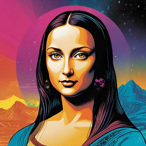 The image depicts a woman with long dark hair wearing a blue dress and earrings. The background features a colorful sky filled with stars and planets, creating an otherworldly atmosphere. The style of the illustration is cartoon-like, characterized by bold lines and vibrant colors that give it a whimsical and imaginative feel.