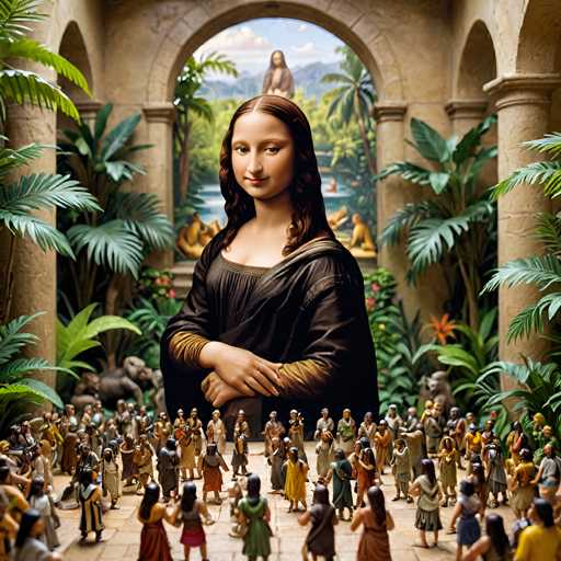 The image depicts a large group of people gathered around a statue of the woman known as the "Girl with a Pearl Earring". The statue is situated within an ornate archway and surrounded by lush greenery, including palm trees. The perspective of the photo suggests it was taken from behind the statue, allowing for a clear view of the crowd surrounding it.