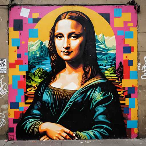 The image shows a vibrant street art mural depicting the famous painting "The Mona Lisa" by Leonardo da Vinci. The mural is painted on a concrete wall and features a woman with long hair wearing a blue dress, holding a book in her hand. The background of the mural is filled with colorful squares and rectangles, creating a sense of depth and dimension to the artwork.