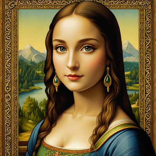 The image depicts a woman with long brown hair wearing earrings and a blue dress. She is looking directly at the camera, giving an impression of confidence and poise. The background features a landscape with mountains in the distance, suggesting that she might be in a mountainous region or near a mountain range.