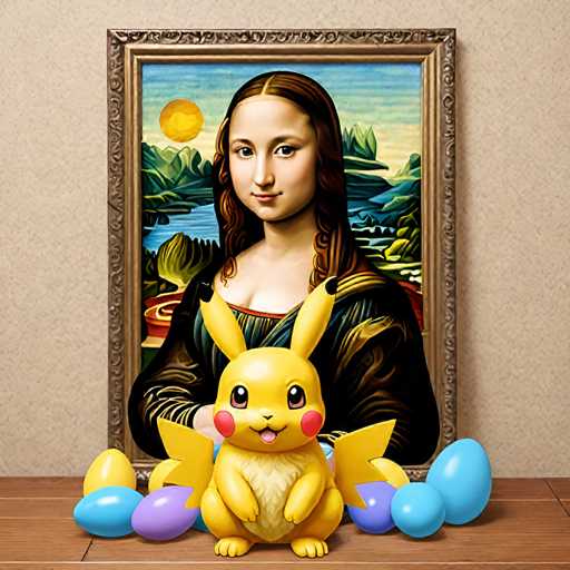 The image features a cartoon-style painting of a woman with long brown hair and a large nose, dressed in a black dress, standing next to a wooden table. On the table, there is an easter egg shaped like a yellow bird with blue accents, surrounded by several other Easter eggs in various colors including pink, purple, green, and white. The painting is framed by a gold border, and the background of the painting depicts a landscape with mountains and trees under a clear blue sky.