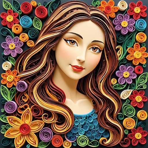 The image depicts a digital illustration of a young girl with long brown hair and striking blue eyes. The girl is surrounded by an array of colorful flowers, including red, orange, yellow, green, purple, pink, and white flowers arranged in a circular pattern around her face.
