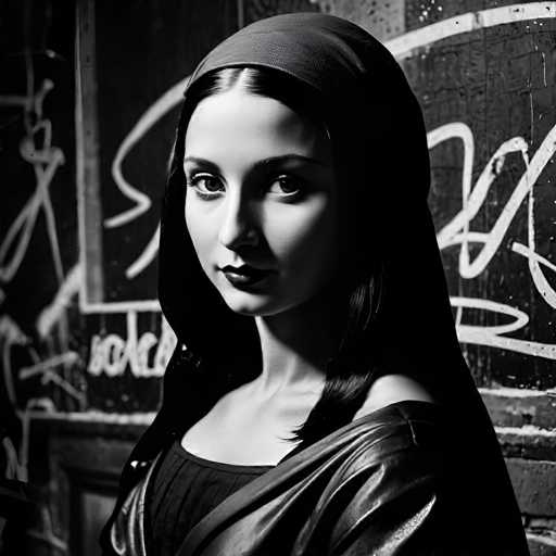 A woman with long dark hair is captured in a black and white photograph against the backdrop of a graffiti-covered wall. She is dressed in a black leather jacket that contrasts with her dark hair. The woman's gaze is directed straight at the camera, creating an engaging portrait.