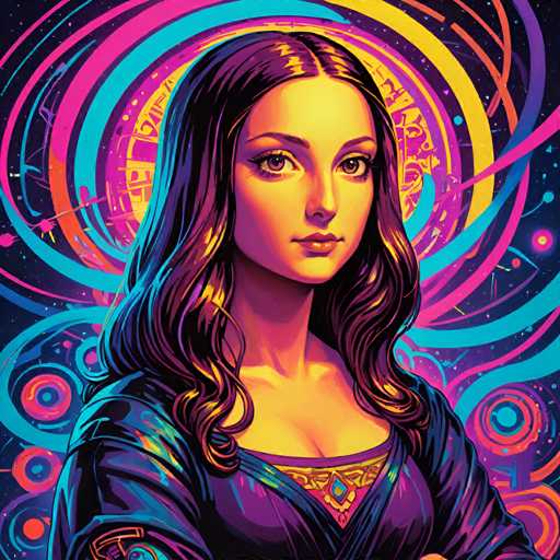 The image depicts a woman with long brown hair wearing a purple dress and standing against a vibrant background of colorful swirls and circles. The colors used in the painting are predominantly blue, pink, yellow, and orange, creating a visually striking and dynamic scene.