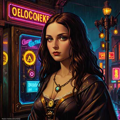 The image depicts a woman with long brown hair wearing a black dress and necklace, standing on a street at night. The background features neon signs for "Eleocnéke" and "Cristosos Cosinene", suggesting the scene is set in an urban environment.