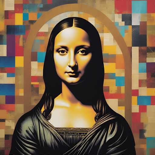 The image depicts a portrait of a woman with long dark hair and a black dress against an abstract background composed of small squares in various colors including red, blue, green, yellow, and orange. The painting style is realistic, focusing on the accurate representation of the subject's features and attire.
