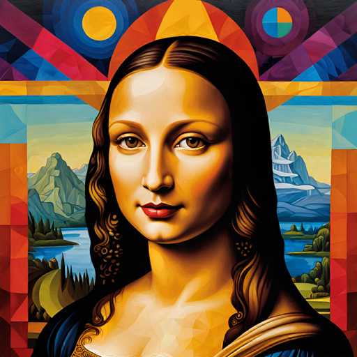 The image depicts a woman with long brown hair and dark skin tones rendered in an impressionistic style. The background features a vibrant landscape of mountains and trees, creating a sense of depth and distance. The painting is signed "Mona Lisa" by the artist Leonardo da Vinci.
