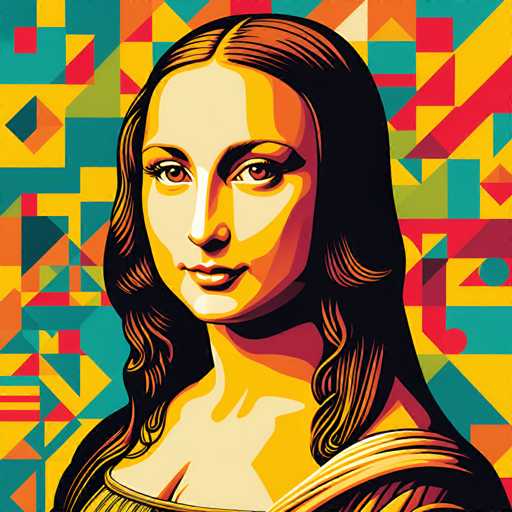 The image depicts a portrait of a woman with long hair and a pale skin tone. The background is a vibrant display of geometric shapes in various colors including red, yellow, green, blue, orange, and pink. The artist's signature "M" can be seen on the bottom right corner of the painting.