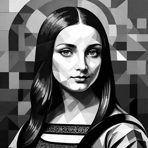 The image is a black and white portrait of a woman with long hair styled in loose waves. The woman's face is the central focus, and she appears to be looking directly at the viewer. The background features a geometric pattern that adds depth and texture to the composition.