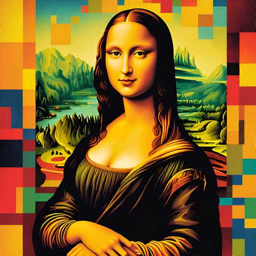 The image features a digital illustration of the famous painting "The Mona Lisa" by Leonardo da Vinci. The woman is depicted wearing a black dress and has long hair that cascades down her back. She stands in front of a colorful landscape with mountains and trees, creating a vibrant contrast against the monochrome palette of the painting.