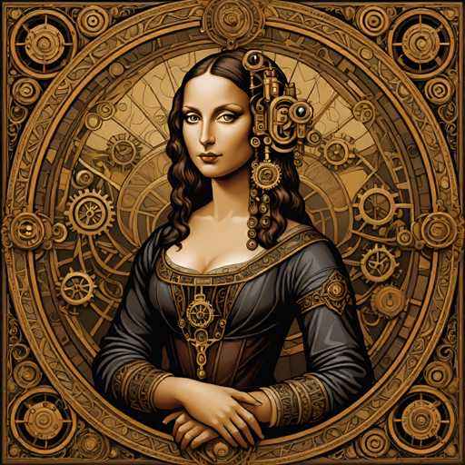 The image depicts a woman with long brown hair wearing a headdress and a corset, set against a backdrop of intricate gold gears and circles. The woman is positioned centrally within the frame, facing towards the viewer.