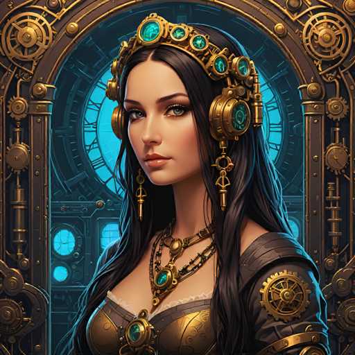 The image depicts a woman with long dark hair wearing a gold tiara and earrings. She is positioned against a backdrop of gears and clocks, suggesting an industrial or futuristic setting. The colors in the image are predominantly blue and green, which contribute to the overall aesthetic and atmosphere of the piece.