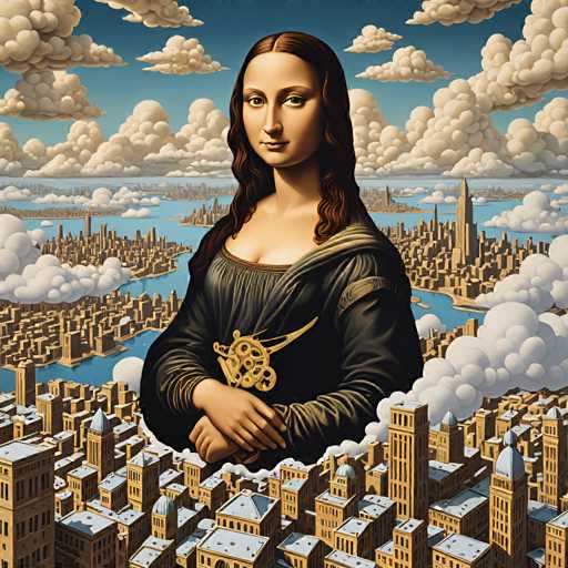 The image depicts a woman wearing a black dress with gold accents and holding a golden crown. The setting is an urban landscape featuring tall buildings of various sizes and colors, including white, gray, brown, and green. The sky above the cityscape is filled with clouds, creating a sense of depth in the scene.