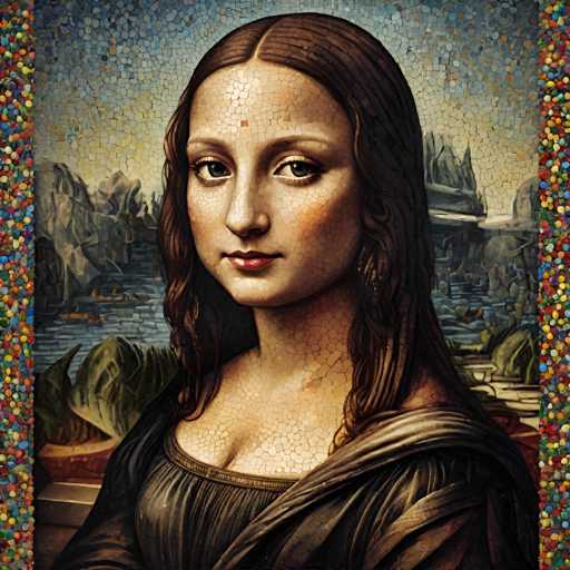 The image depicts a woman's face rendered in an impressionist style using small dots of color for the background and larger dots for the foreground elements. The woman is wearing a black dress with brown hair styled in loose waves.