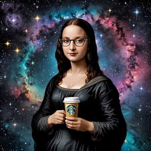 The image depicts a woman wearing glasses and holding a Starbucks coffee cup against the backdrop of a colorful nebula with stars and planets. The woman is positioned centrally within the frame, drawing attention to her as the main subject.