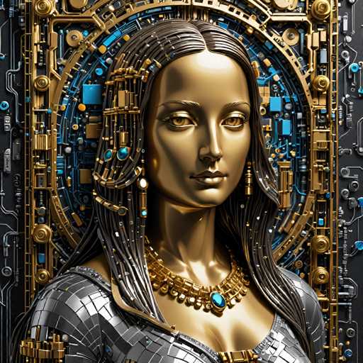 The image shows a close-up view of a gold statue of a woman with long hair and a necklace around her neck. The statue is set against a backdrop of blue and silver metallic components that give it an industrial or futuristic appearance.