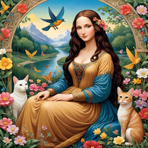A woman dressed in a blue and gold dress is seated on a bench surrounded by flowers and butterflies. Two cats are sitting next to her on the ground, one orange and one white. The scene is set against a backdrop of mountains under a clear blue sky with birds flying overhead.