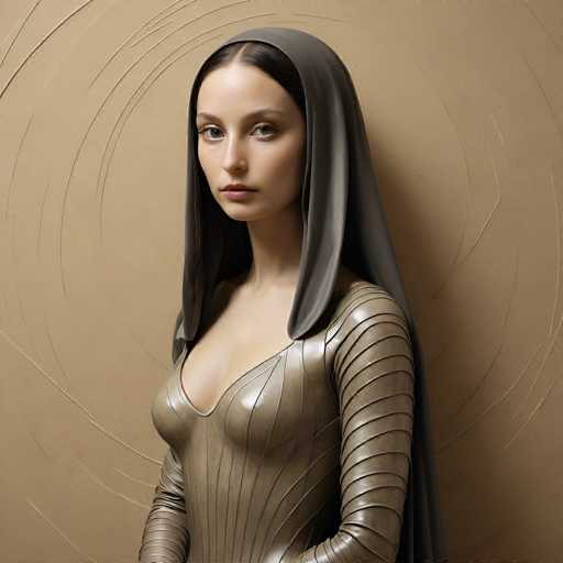 A woman with long brown hair is standing against a beige wall adorned with circular patterns. She is wearing a gray headscarf and a gold dress that features a unique design of stripes on the sleeves and neckline. The woman's gaze is directed straight at the camera, creating an engaging portrait.