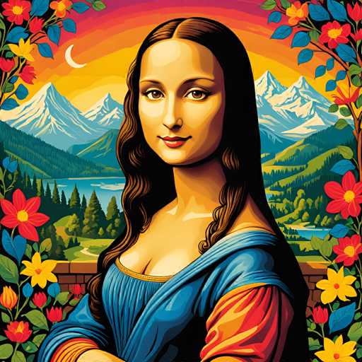 The image depicts a woman with long brown hair wearing a blue dress and holding her hands together in front of a mountain range backdrop. The colors used in the painting are predominantly blue, green, and orange, creating a vibrant and lively atmosphere.