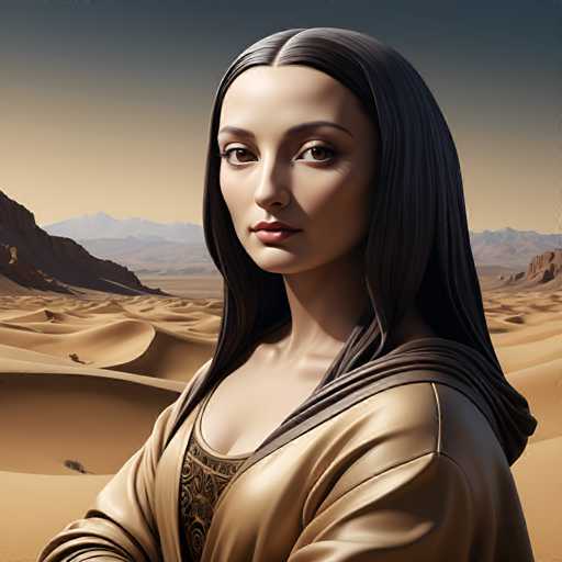 The image depicts a woman with long dark hair wearing a brown robe and a beige headscarf standing against the backdrop of a desert landscape. The woman is positioned centrally within the frame, facing towards the right side of the image.