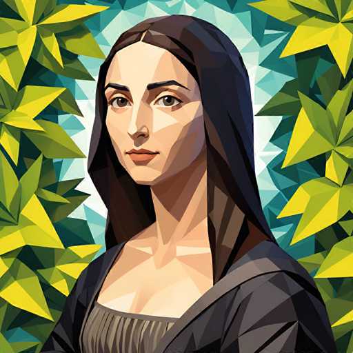 The image depicts a woman with long dark hair wearing a black dress and a hooded jacket. She is positioned against a backdrop of green leaves and yellow stars, creating an abstract and surreal composition that draws the viewer's attention to her face. The style of the artwork appears to be geometric or cubist, characterized by its use of geometric shapes and patterns.
