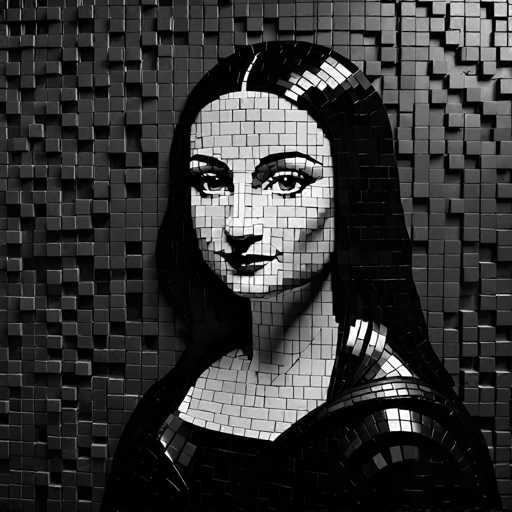 The image is an artistic representation of a woman's face composed entirely of small black and white tiles arranged in a mosaic pattern. The woman appears to be wearing a black dress against the stark backdrop of the tiles.