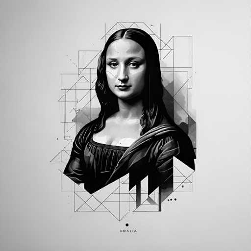 The image is a black and white portrait of a woman with long hair styled in an updo. The woman's face is the central focus, and she appears to be looking directly at the camera. The background features geometric shapes that add depth and complexity to the composition.