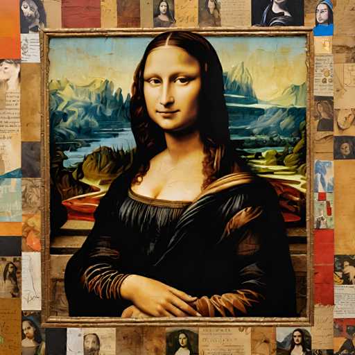 The image shows a portrait of a woman with long brown hair and dark skin tones. The painting is framed by a border that features various images of people's faces. The background depicts a landscape with mountains and trees, suggesting the artwork may be inspired by the Mona Lisa or other famous paintings featuring landscapes.
