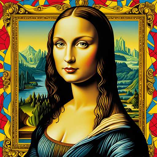 The image features a woman with long brown hair and a blue dress against a colorful background. The painting is an impressionist piece that captures the essence of the woman's face and her surroundings.