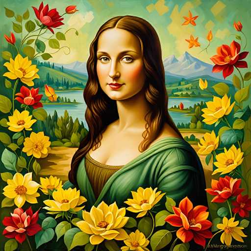 The image depicts a woman with long brown hair and a green dress standing amidst a field of yellow flowers. The background features mountains and trees, creating a serene landscape setting.