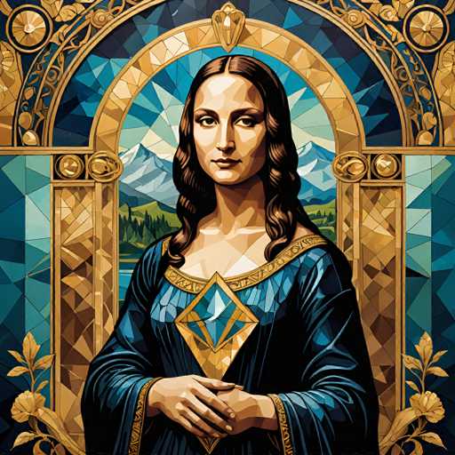 The image depicts a woman with long brown hair wearing a blue dress and holding a diamond in her hand. The background features a blue archway adorned with gold accents, and the scene is set against a backdrop of mountains under a clear sky.