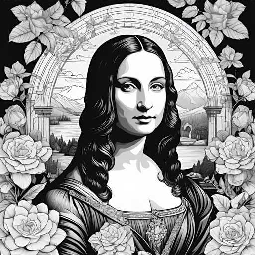 The image is a black and white portrait of a woman with long hair styled in loose curls. She is wearing a dress that features a floral pattern on the bodice. The background behind her is filled with flowers, adding to the overall aesthetic of the piece. The style of the art is reminiscent of the Renaissance period, characterized by its attention to detail and realistic portrayal of subjects.
