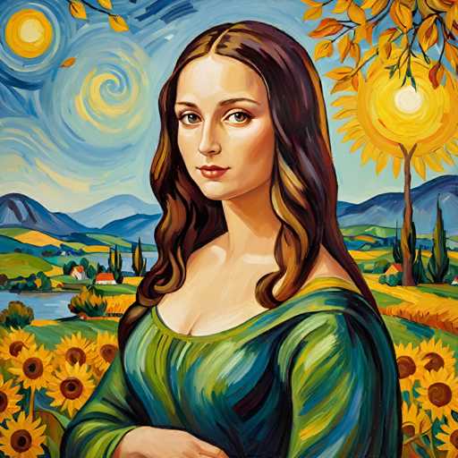 The image depicts a woman with long brown hair wearing a green dress and standing in front of a field filled with sunflowers. The painting is executed in an impressionist style, characterized by loose brushstrokes that capture the essence of light and color rather than precise details.