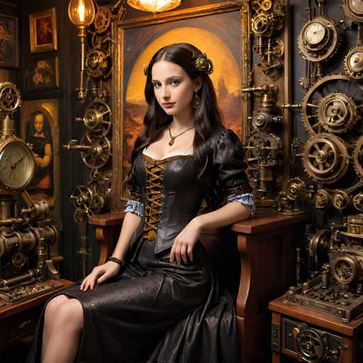A woman is seated on a wooden chair with her legs crossed and wearing a black dress adorned with gold accents. She has long dark hair styled in an elegant updo, and she wears a gold necklace and earrings. The room around her features various mechanical devices, including gears and clocks, suggesting a space dedicated to the study of mechanics or engineering.