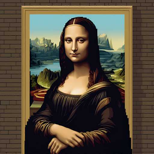 The image shows a digital rendering of the famous painting "The Mona Lisa" by Leonardo da Vinci. The portrait is displayed against a brick wall backdrop and framed with gold border. The artist's signature can be seen in the bottom right corner.