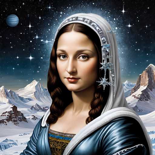 The image depicts a woman with long brown hair wearing a blue dress and a white headscarf adorned with silver stars. The background features a night sky filled with stars and mountains under a dark blue hue.