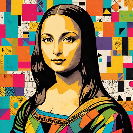 The image depicts a portrait of a woman with long brown hair and a colorful dress against a background of geometric shapes in various colors including pink, blue, yellow, green, orange, and purple. The artist's signature is visible at the bottom right corner.