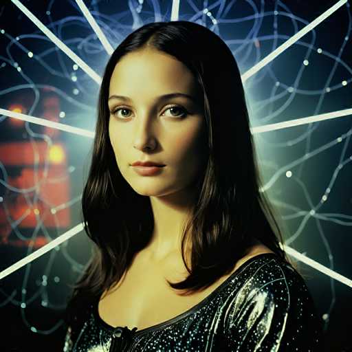 A young woman with long brown hair is the central figure in this image. She is wearing a black dress and her gaze is directed straight at the camera. The background features a pattern of blue lines that appear to be radiating outwards from the center, creating an abstract and surreal atmosphere.