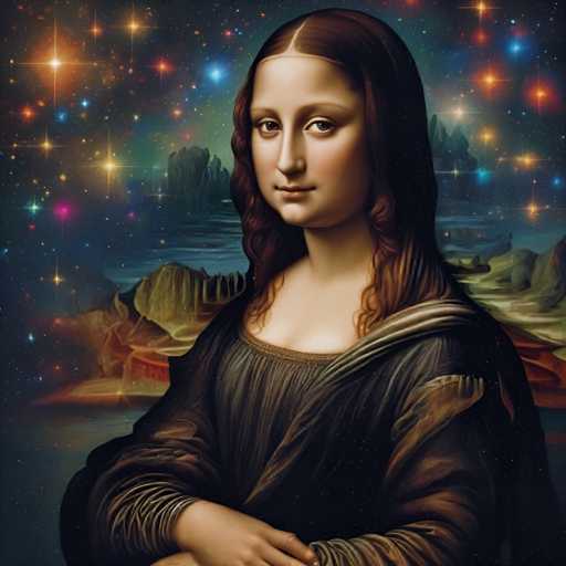 The image is an illustration of a woman with long brown hair and dark makeup, wearing a black dress against a starry night sky backdrop featuring colorful stars and planets. The painting style is realistic, capturing the intricate details of the woman's features and the celestial elements surrounding her.