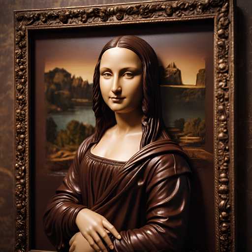 The image shows a bronze statue of a woman with long brown hair and a flowing dress, standing against a dark background. The statue is positioned on the right side of the frame, facing towards the left. The background features a painting depicting a landscape with trees and mountains in the distance.