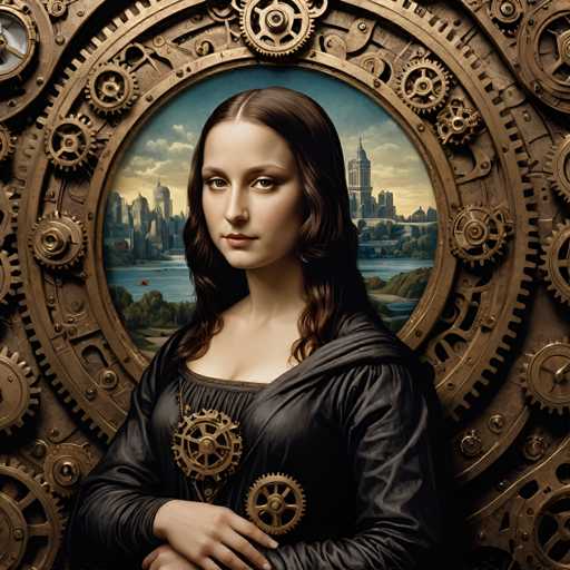 The image depicts a woman with long brown hair wearing a black dress and a gold brooch on her neck. She is standing against the backdrop of a large circular frame that features gears and clocks, suggesting an artistic or industrial theme. The woman appears to be posing for the photo, as indicated by her body language and the fact that she is looking directly at the camera.