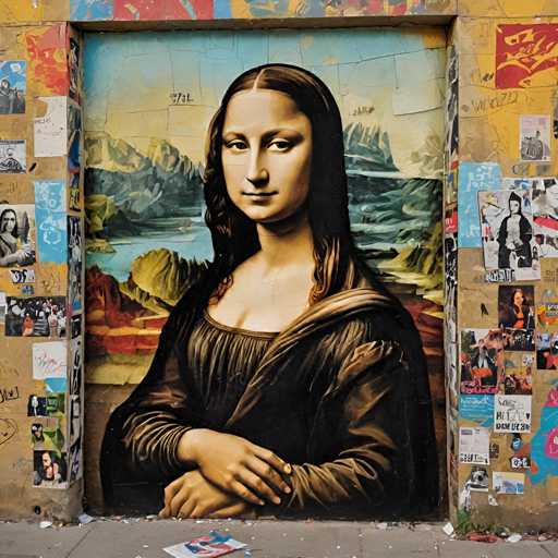 The image shows a large mural painted on a wall featuring a woman's face and the painting of the Mona Lisa. The mural is surrounded by various stickers and posters, creating an urban art scene.