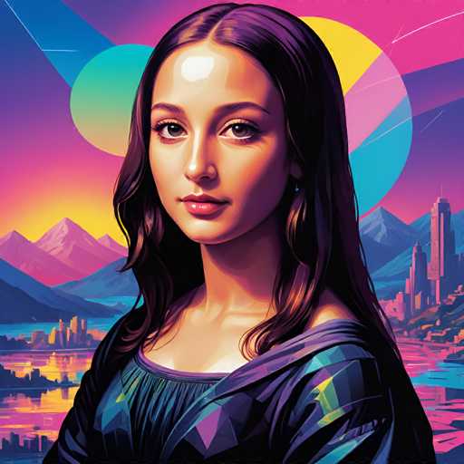 The image depicts a woman with long brown hair wearing a blue dress and looking directly at the camera. The background features a colorful abstract design that includes circles of different sizes and colors, creating an impressionistic style reminiscent of the Pop Art movement.