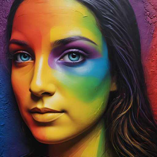 The image shows a close-up portrait of a woman's face with vibrant and colorful makeup that includes blue eyeshadow, purple lipstick, and green and orange hues on her cheeks. The background is a solid red color, providing a striking contrast to the woman's colorful appearance.