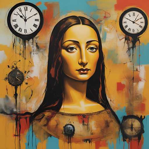 The image depicts an abstract painting featuring a woman's face as the central focus. The woman is depicted with long brown hair and a yellow dress, set against a vibrant background of blue, orange, and red colors. Two clocks are present in the scene - one on each side of the woman's head, creating a symmetrical composition.

The style of the painting can be described as abstract expressionism, characterized by its emphasis on spontaneous, emotional, and intuitive creation rather than realistic representation. The use of bold colors and brushstrokes adds to the overall sense of energy and movement in the artwork.